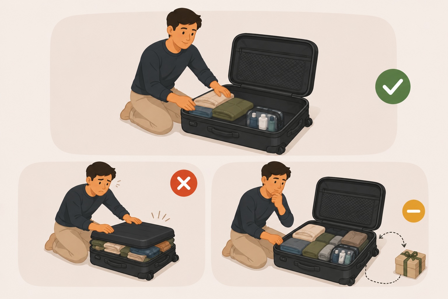 A fixed-size carry-on packed with just the essentials while a "just in case" pile stays behind — the same trade-off as fitting only what matters into the context window.